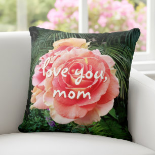 Pink Rose Flower Photo Love you Mom Script Stylish Throw Pillow
