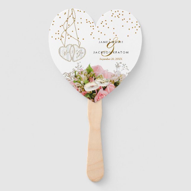 Pink Rose Flower Wedding Hand Fan (Front)