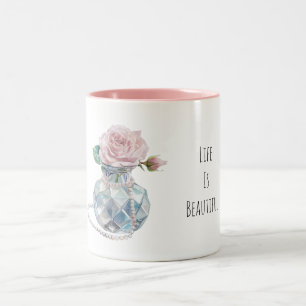 Pink Rose Flowers Blue Vase Two-Tone Coffee Mug