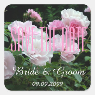 pink rose flowers bride and groom save the date square sticker
