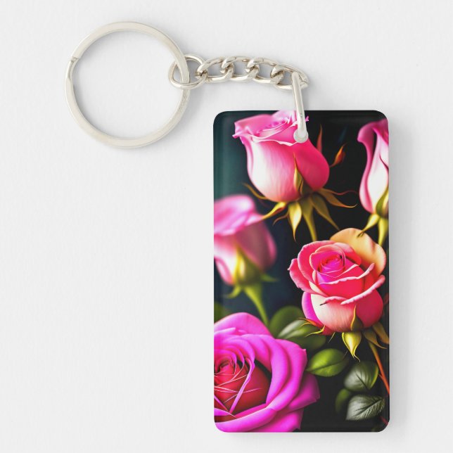 Pink Rose Flowers Digital Artwork Keychain (Front)