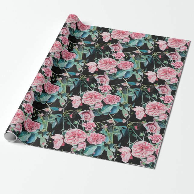 Pink Rose flowers floral Watercolor Wrapping Paper (Unrolled)