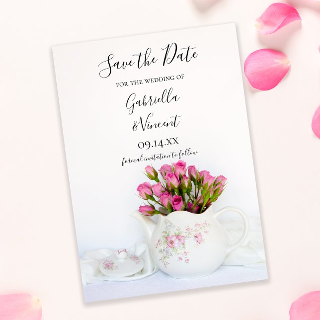 Pink Rose Flowers in Teapot Wedding Save the Date (Creator Uploaded)