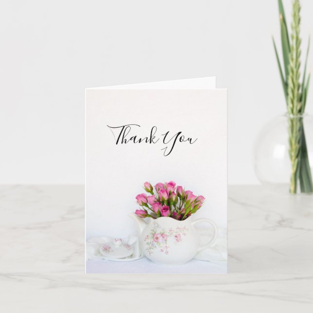 Pink Rose Flowers in Teapot Wedding Thank You (Front)
