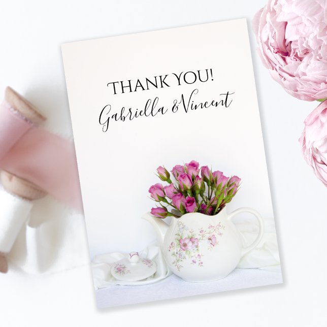 Pink Rose Flowers in Teapot Wedding Thank You Note (Creator Uploaded)