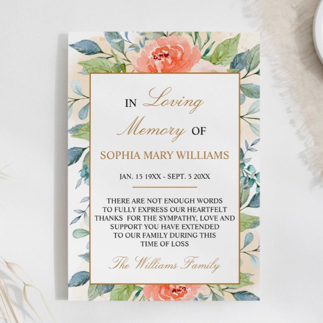 Pink Rose Flowers Sympathy Memory Thank You Card (Creator Uploaded)