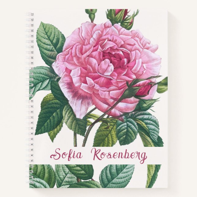 Pink Rose Flowers with Green Leaves Monogram Notebook (Front)
