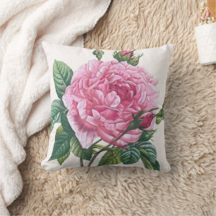 Pink Rose Flowers with Green Leaves Throw Pillow