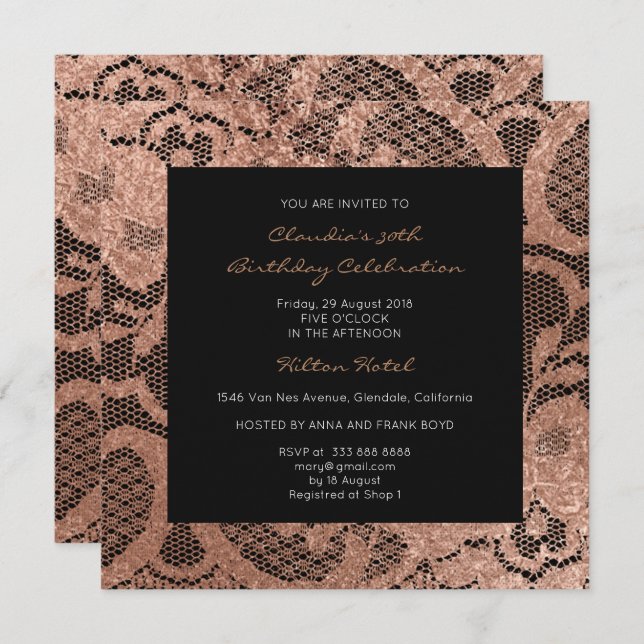 Pink Rose Foxier Blush Golden Lace Black Event VIP Invitation (Front/Back)