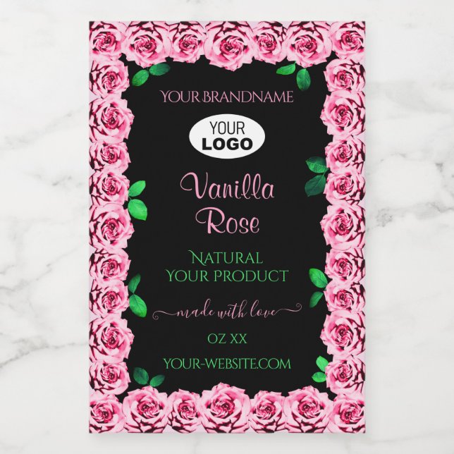 Pink Rose Frame Elegant Black Product Labels Logo (Single Label)