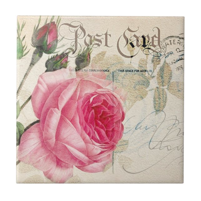 Pink Rose French Postcard Ceramic Tiles (Front)