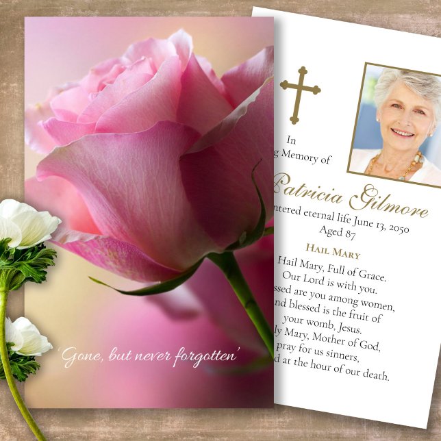 Pink Rose Funeral Memorial Prayer Sympathy Cards (Forever in our hearts, celebration of life, in loving memory of, prayer cards for bereavement)