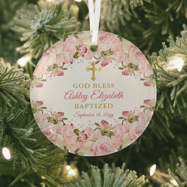 Pink Rose Garden Floral Girl Baptism Keepsake Glass Ornament (Insitu)