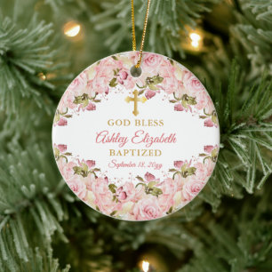Pink Rose Garden Floral Girl Baptism Photo Ceramic Ornament