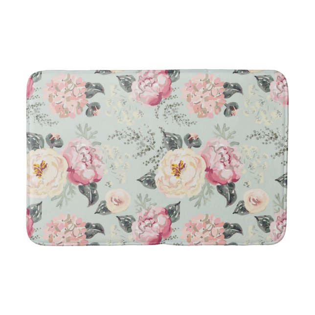 Pink Rose Garden Flower Pattern Bath Mat (Front)