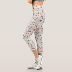 Pink Rose Garden Flower Pattern Capri Leggings