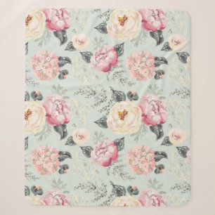 Pink Rose Garden Flower Pattern Sherpa Blanket