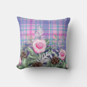 Pink Rose Garden Pine Cones Classic Plaid Pattern Throw Pillow