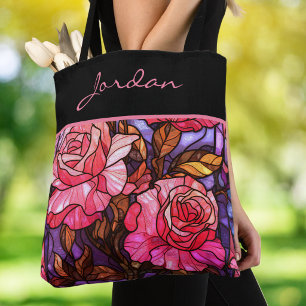 Pink Rose Garden Stained Glass Look Monogram Tote Bag
