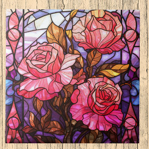 Pink Rose Garden Stained Glass Look Tile