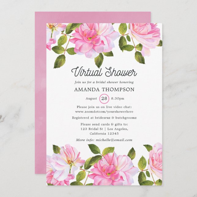 Pink Rose Garden Virtual Shower Invitation (Front/Back)