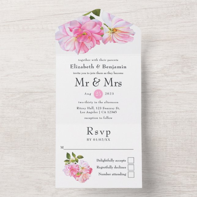 Pink Rose Garden Wedding All In One Invitation (Inside)