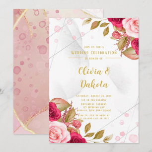 Pink Rose Geometric Alcohol Ink Elegant Wedding Invitation