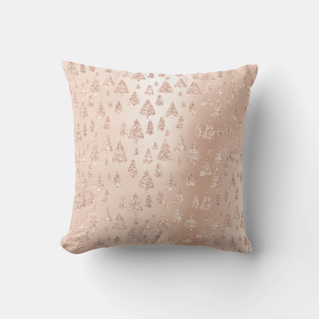 Pink Rose gGold Metallic Glitter Christmas Trees Throw Pillow (Front)