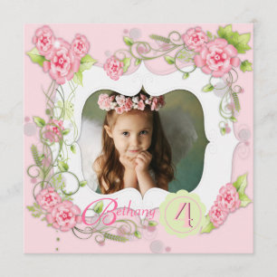 Pink Rose Girls Photo 4th Birthday Party Invitation