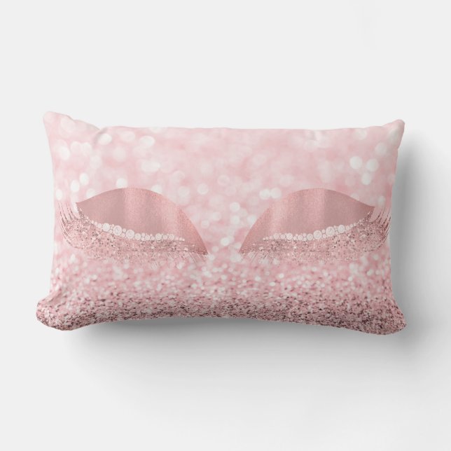 Pink Rose Glitter Crystals White  Makeup Lashes Lumbar Pillow (Front)