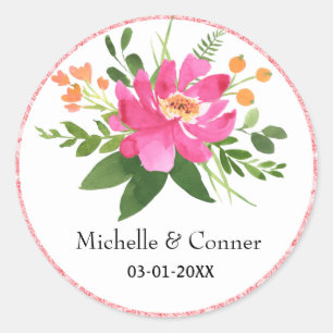 Pink Rose Glitter Floral Wedding Classic Round Sticker
