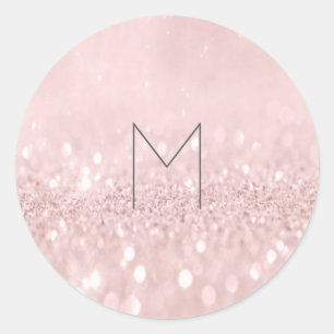 Pink Rose Glitter Grey Grey Round Monogram Classic Round Sticker