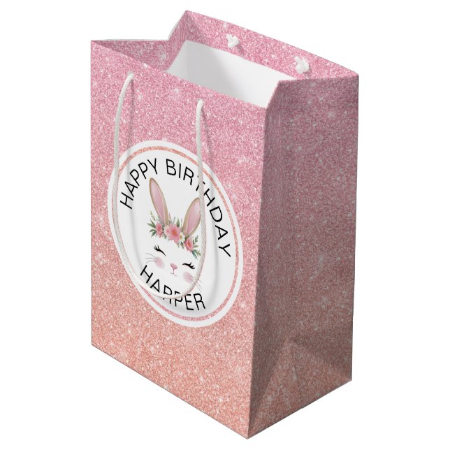 Pink Rose Glitter Happy Birthday Bunny Girl Party  Medium Gift Bag (Back Angled)