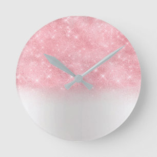 Pink Rose Glitter Metal Grey Silver Sparkly Abstra Round Clock