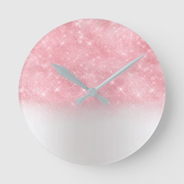 Pink Rose Glitter Metal Grey Silver Sparkly Abstra Round Clock (Front)