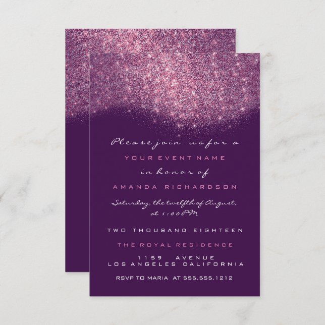 Pink Rose Glitter Purple Violet Formal Invitation (Front/Back)