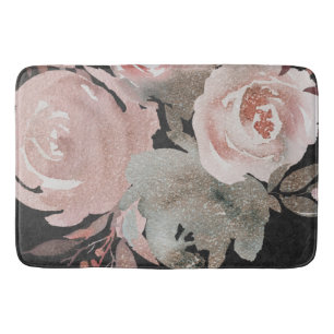Pink Rose Glitter Roses Dark Floral Glam Elegant Bath Mat