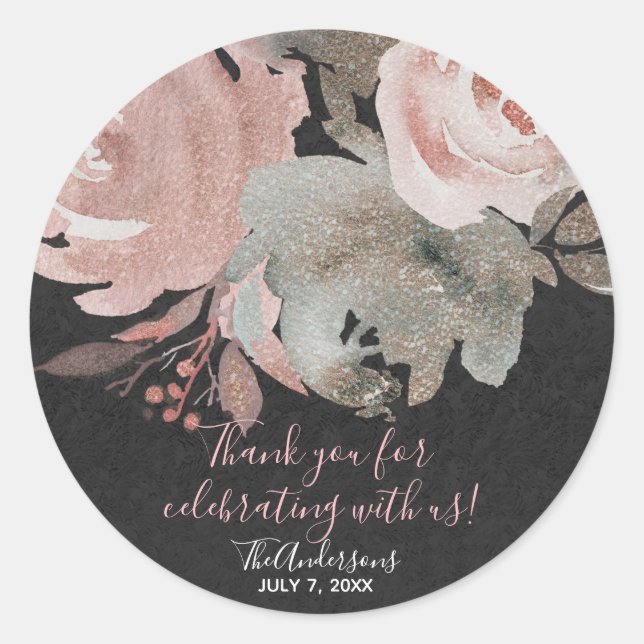 Pink Rose Glitter Roses Dark Floral Glam Favour Classic Round Sticker (Front)