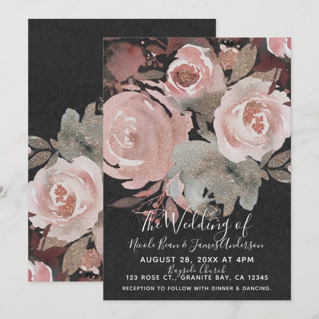 Pink Rose Glitter Roses Dark Floral Glam Wedding Invitation (Front/Back)