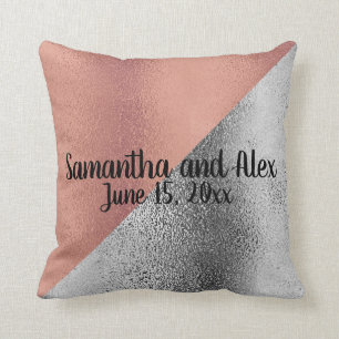 Pink Rose Gold and Silver Metallic Wedding Date Throw Pillow