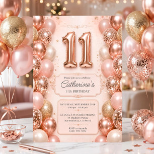Pink Rose Gold Balloons 11 Year Birthday Party Invitation