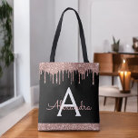 Pink Rose Gold Black Glitter Elegant Monogram Tote Bag<br><div class="desc">Pink Rose Gold and Black Faux Sparkle and Dripping Glitter Elegant Monogram Book Bag. This Book Bag can be customized to include your initial and first name and given as a gift for Christmas,  Sweet 16 Birthday,  Bridal Shower or a Wedding.</div>