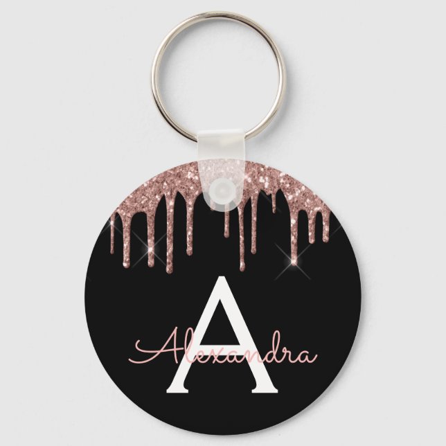 Pink Rose Gold Black Sparkly Glitter Monogram Keychain (Front)