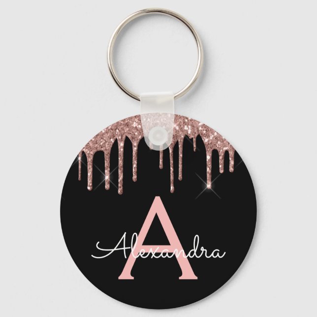 Pink Rose Gold Black Sparkly Glitter Monogram Keychain (Front)