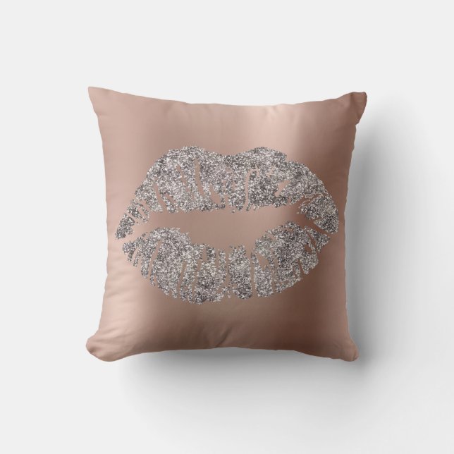 Pink Rose Gold Blush Glitter Kiss Grey Metallic Throw Pillow (Front)