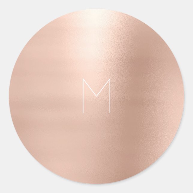Pink Rose Gold Blush Metal Monogram White Classic Round Sticker (Front)