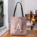 Pink Rose Gold Blush Pink Glitter Elegant Monogram Tote Bag<br><div class="desc">Pink Rose Gold and Blush Pink Faux Sparkle and Dripping Glitter Metallic Stainless Steel Foil Elegant Monogram Book Bag. This Book Bag can be customized to include your initial and first name and given as a gift for Christmas,  Sweet 16 Birthday,  Bridal Shower or a Wedding.</div>