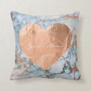 Pink Rose Gold Brush Heart Blue Ocean Marble Throw Pillow