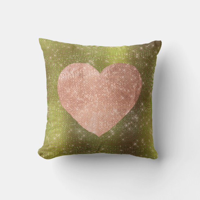 Pink Rose Gold Brush Heart Sequin Sparkly Green Throw Pillow (Front)