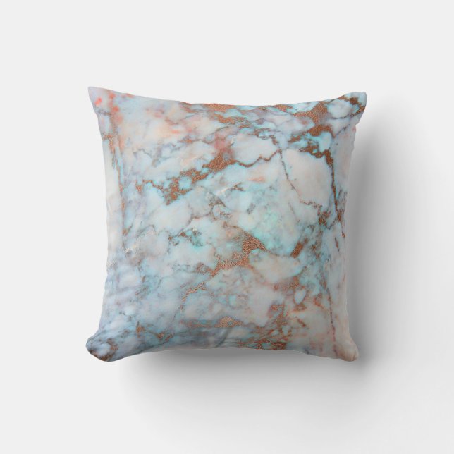 Pink Rose Gold Brush Powder Blue Ocean Marble Throw Pillow (Front)